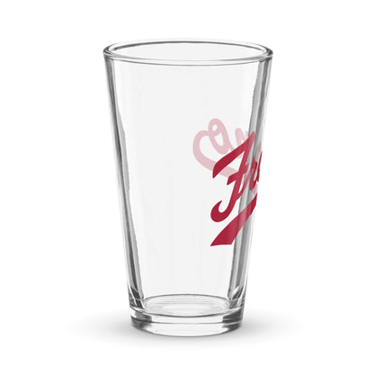 Clear Fresno Shaker pint glass with red logo, 16 oz capacity, durable design for drinks and cocktails