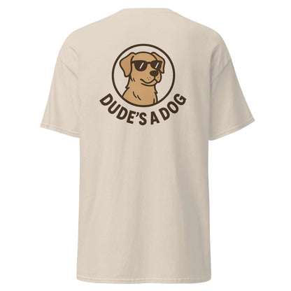 Unisex classic tee with Dude's A Dog logo featuring a dog wearing sunglasses on beige cotton fabric