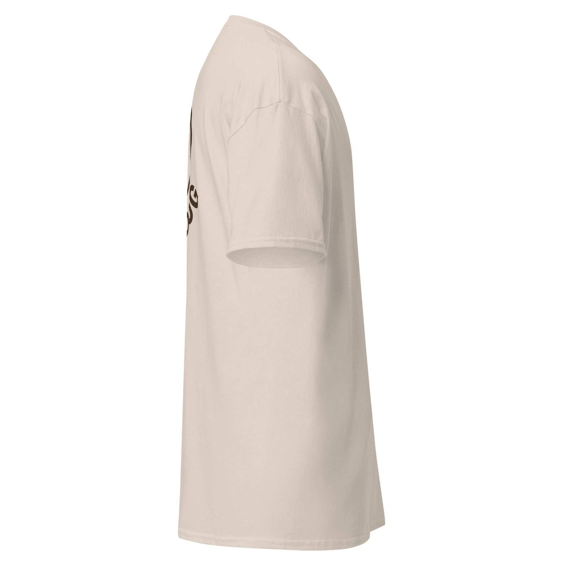 Side view of Dude's A Dog unisex classic 100% cotton tee in natural color with short sleeves and taped neck.