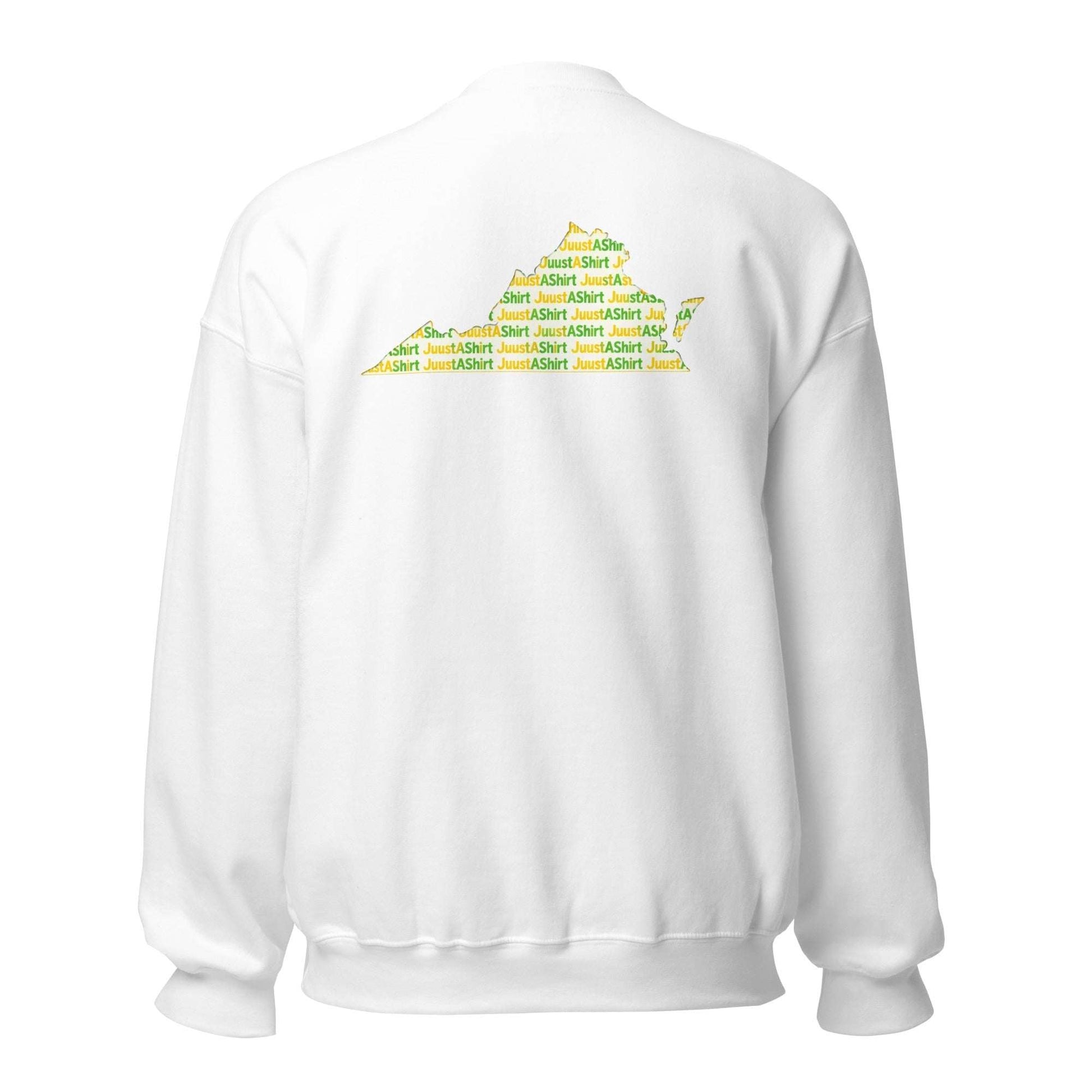 White unisex sweatshirt with green and yellow state HBCU design on back, soft classic fit, pre-shrunk cotton-poly blend