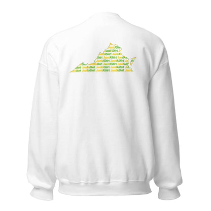 White unisex sweatshirt with green and yellow state HBCU design on back, soft classic fit, pre-shrunk cotton-poly blend