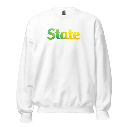 White unisex sweatshirt with green and yellow "State" text, classic fit, soft air-jet yarn fabric