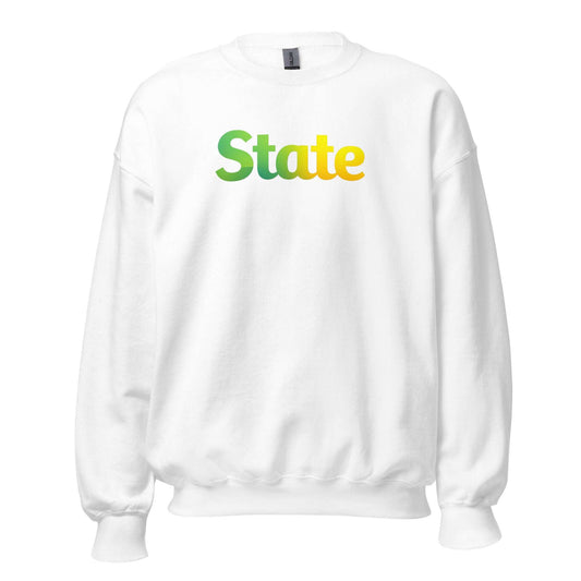 White unisex sweatshirt with green and yellow "State" text, classic fit, soft air-jet yarn fabric