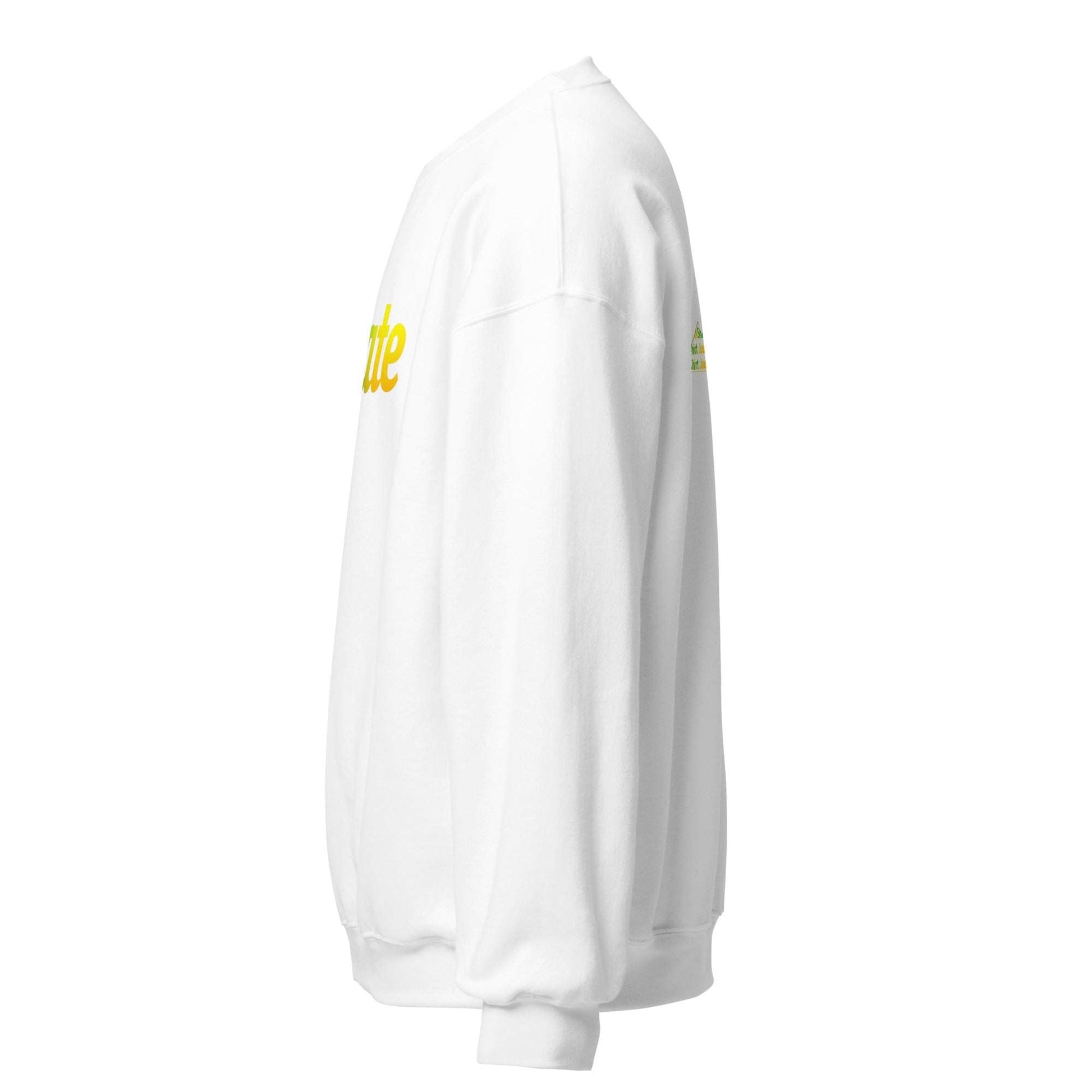 Side view of a white unisex sweatshirt with yellow text, classic fit and ribbed cuffs.