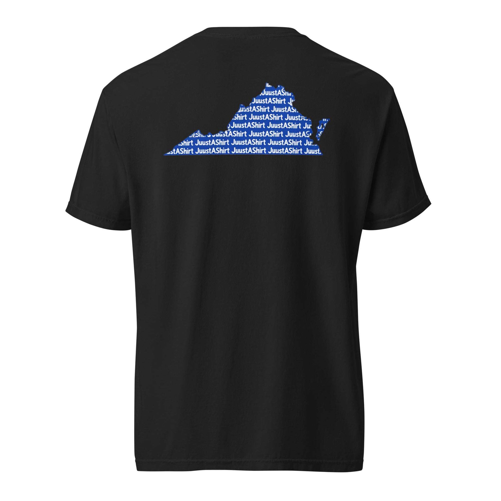 Black unisex Swing Your Sword Virginia tee with blue text forming Virginia shape on back, celebrating Virginia HBCU pride