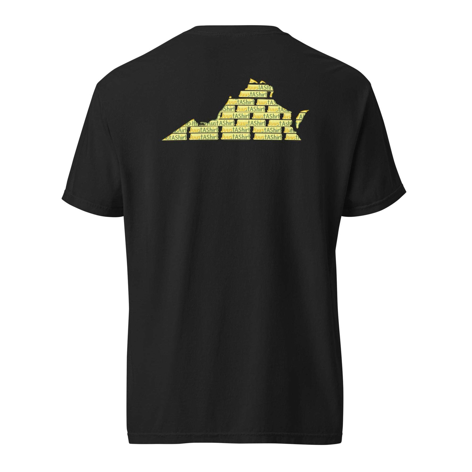 Black heavyweight cotton t-shirt with yellow Virginia state graphic and "Be Proud Norfolk" theme for Virginia HBCU pride and heritage.