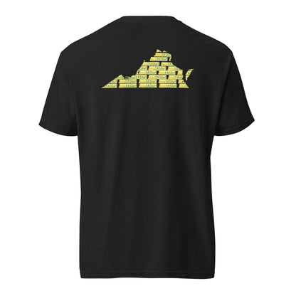 Black heavyweight cotton t-shirt with yellow Virginia state graphic and "Be Proud Norfolk" theme for Virginia HBCU pride and heritage.