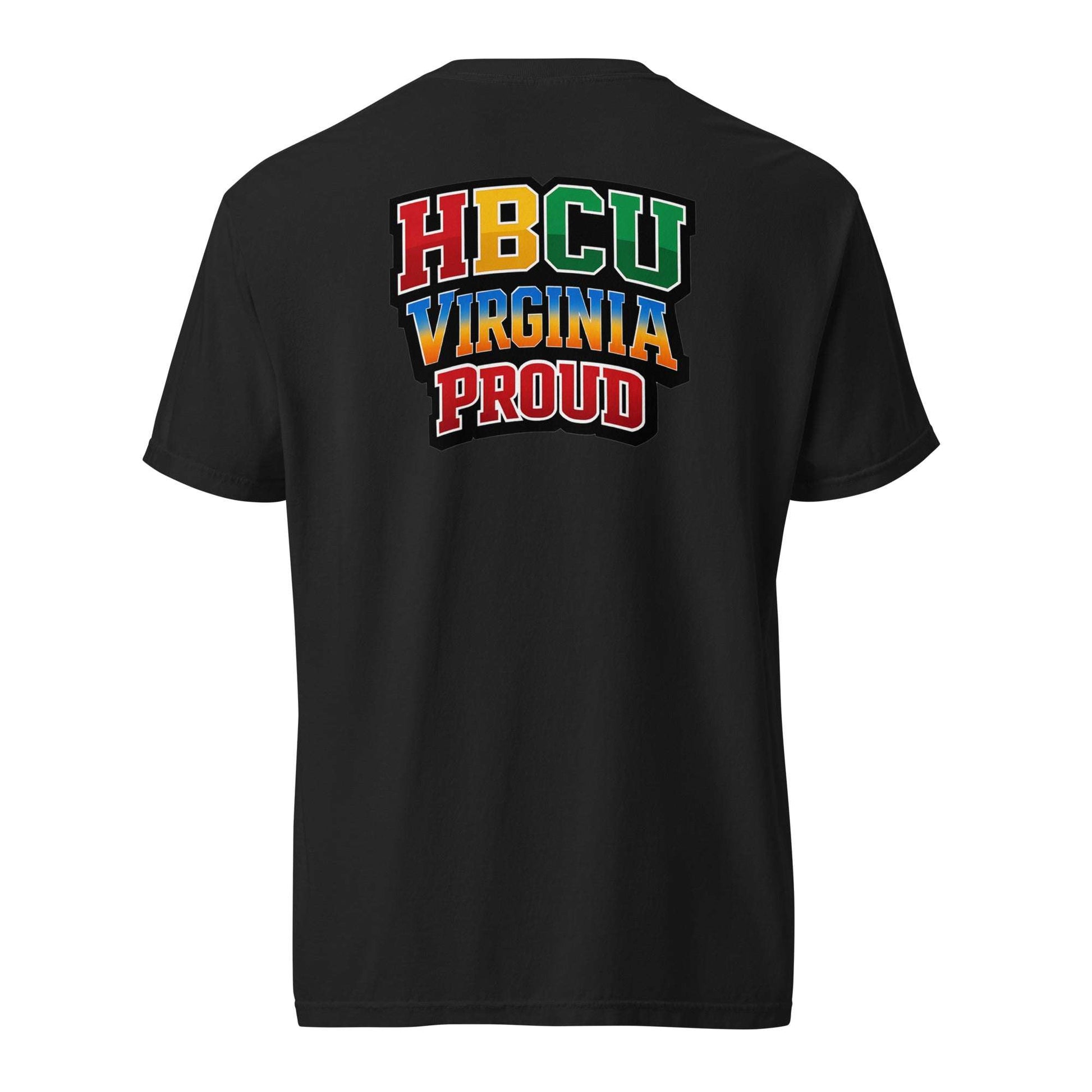Black HBCU Virginia Proud stacked logo tee with colorful collegiate-style lettering on the back
