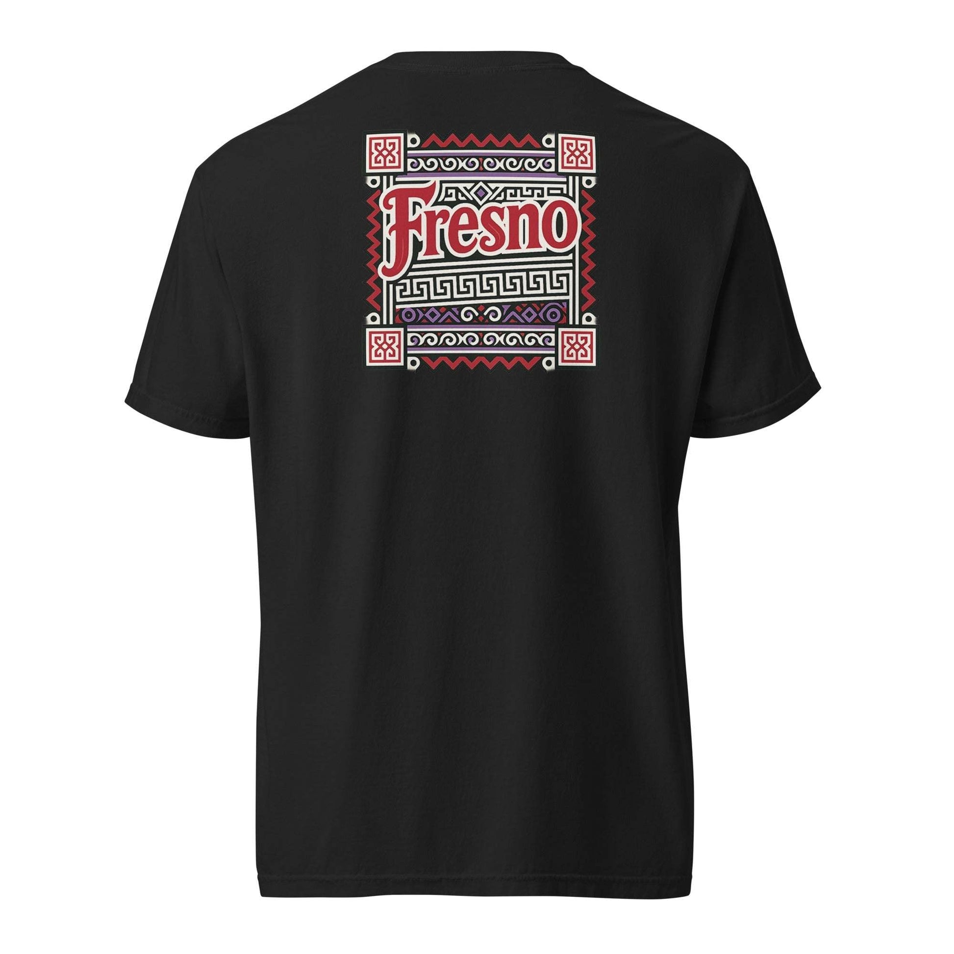 Back view of black Fresno Hmong Tribute Tee with traditional Hmong textile-inspired design and Fresno text