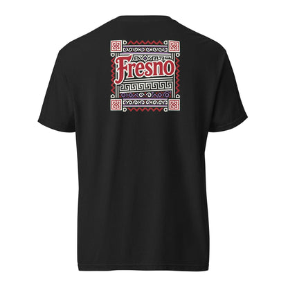 Back view of black Fresno Hmong Tribute Tee with traditional Hmong textile-inspired design and Fresno text