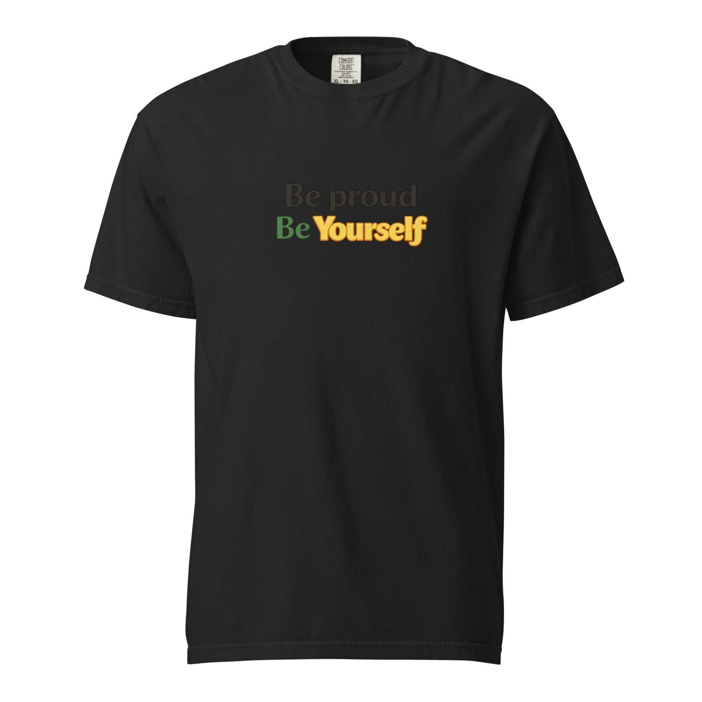 Black Be Proud Norfolk heavyweight cotton t-shirt with "Be proud Be Yourself" text in green and yellow, inspired by Virginia HBCUs.