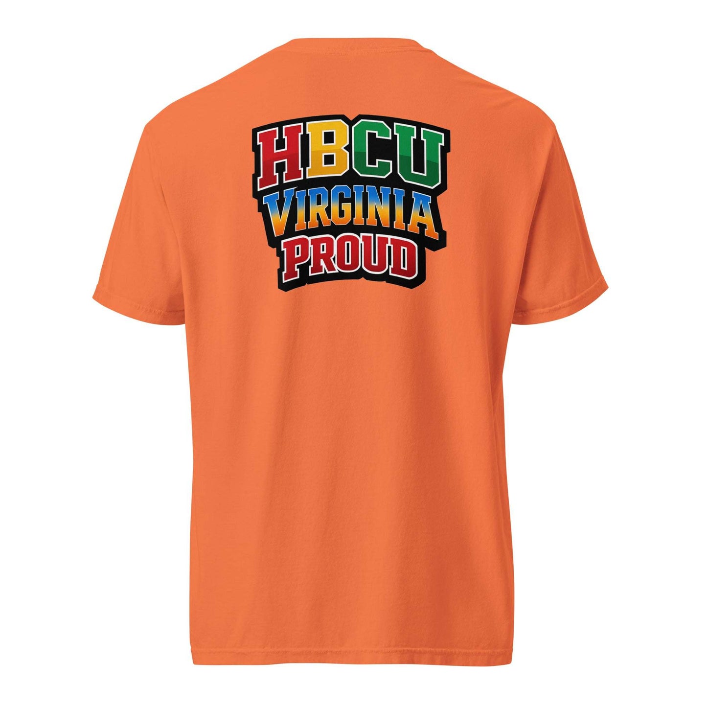 Orange HBCU Virginia Proud stacked logo tee with multicolor collegiate lettering on back