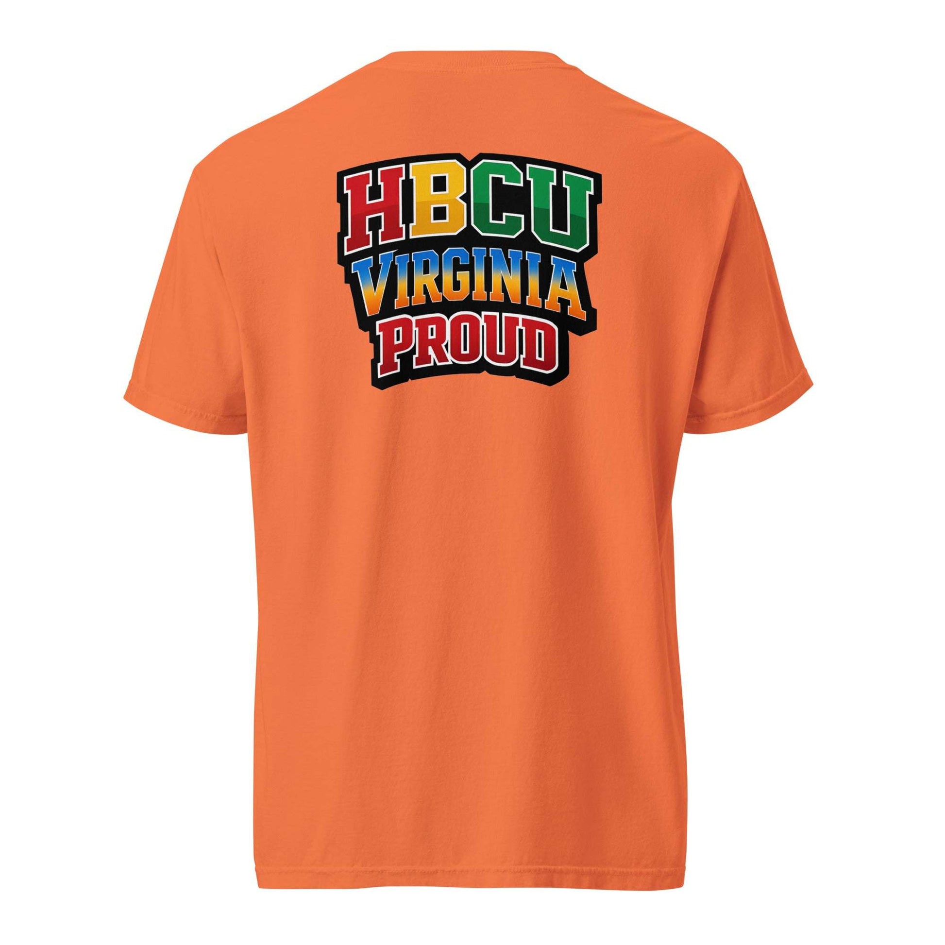 Orange HBCU Virginia Proud stacked logo tee with multicolor collegiate lettering on back