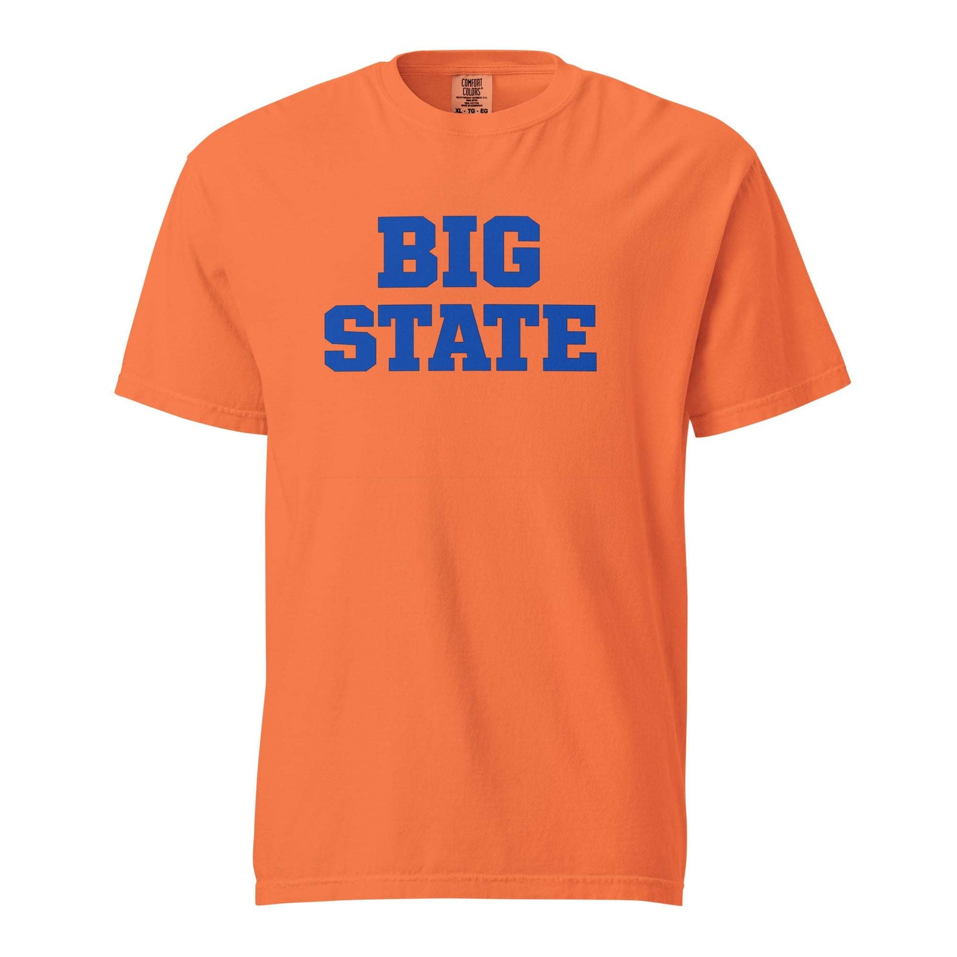 Orange Big State heavyweight t-shirt with blue printed text, 100% ring-spun cotton, relaxed fit, and durable double-needle stitching