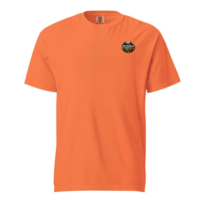 HBCU Virginia Proud stacked logo tee with red, gold, green, blue-to-orange gradient lettering on orange shirt