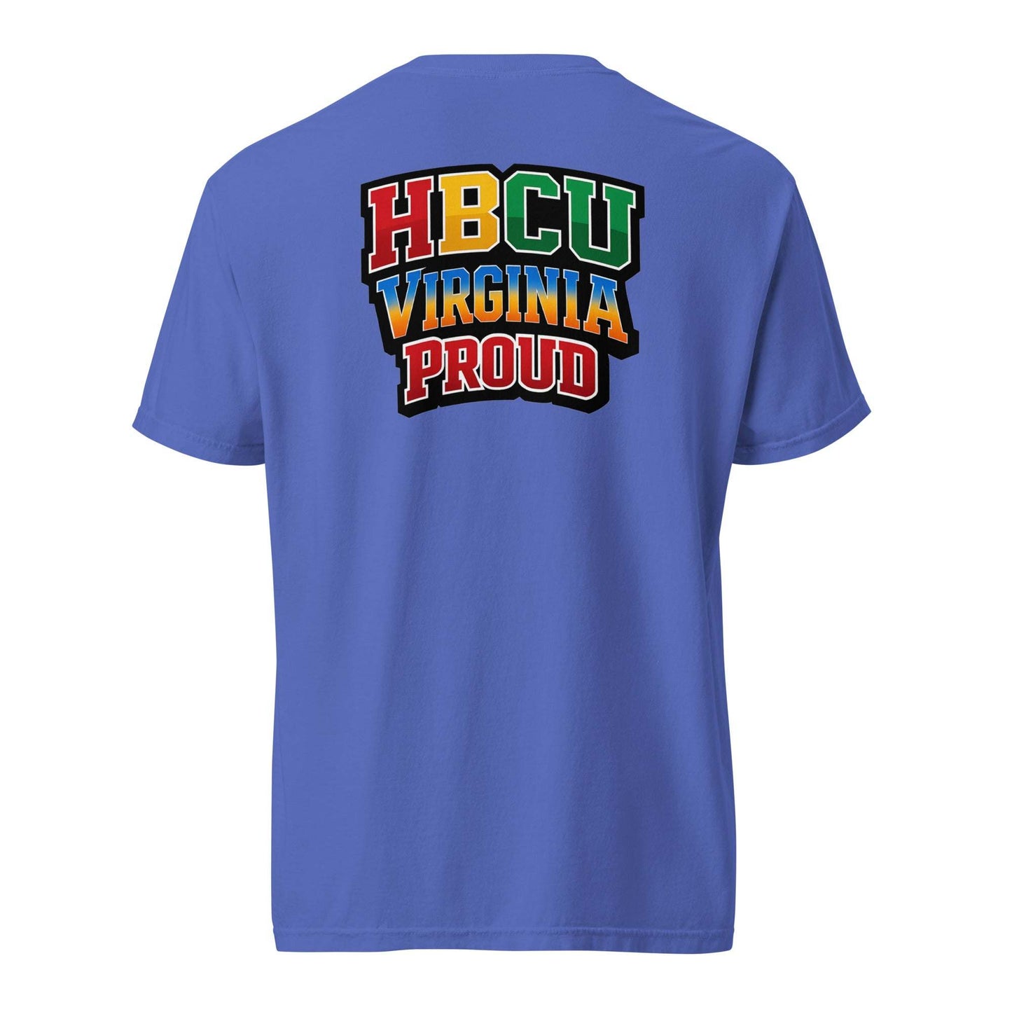 Blue HBCU Virginia Proud stacked logo t-shirt with colorful collegiate-style lettering on back
