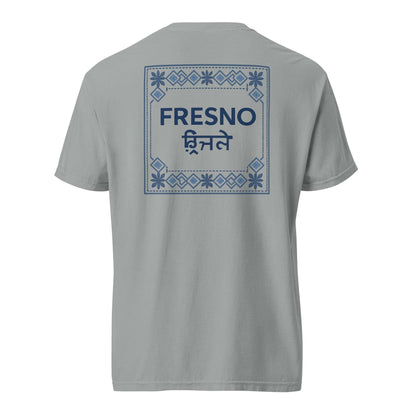 Fresno x Punjabi Pattern Tee with modern wordmark and traditional Punjabi-inspired border in blue on gray background