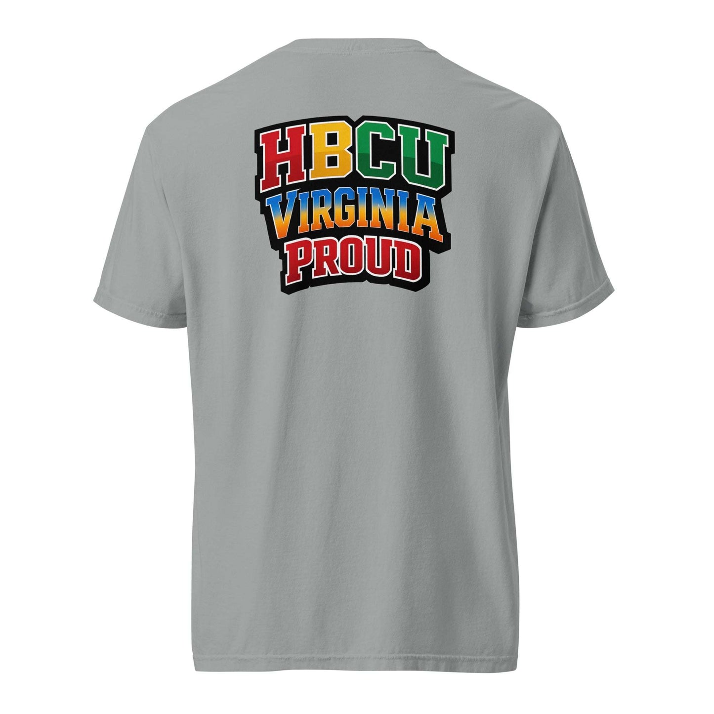 Gray t-shirt with colorful HBCU Virginia Proud stacked logo on the back