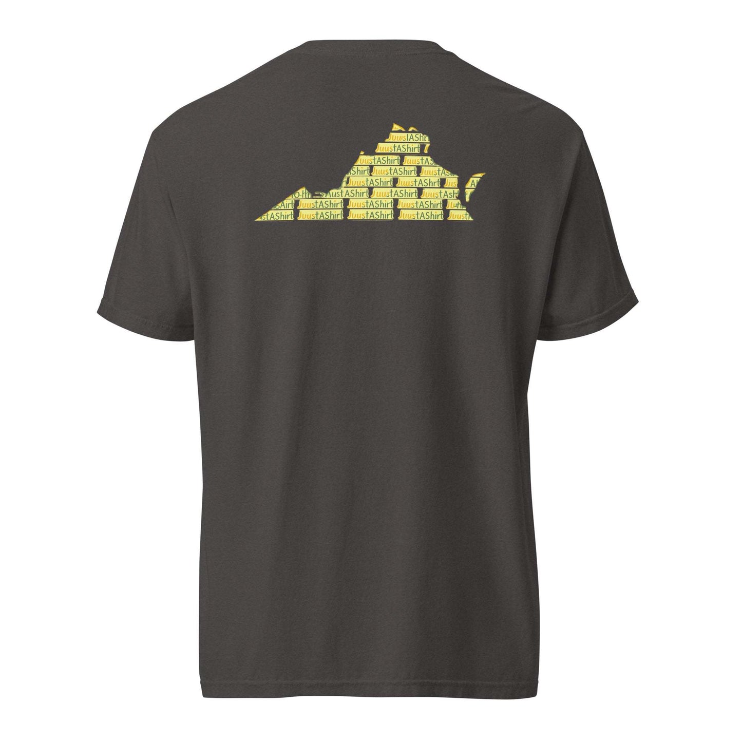 Be Proud Norfolk heavyweight black t-shirt with yellow Virginia state outline design on back, representing Virginia HBCU pride