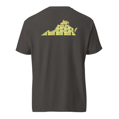 Be Proud Norfolk heavyweight black t-shirt with yellow Virginia state outline design on back, representing Virginia HBCU pride