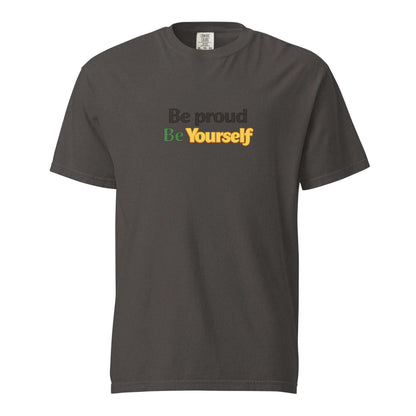 Be Proud Norfolk heavyweight cotton t-shirt with "Be proud. Be Yourself." slogan in black, green, and yellow text for Virginia HBCU pride