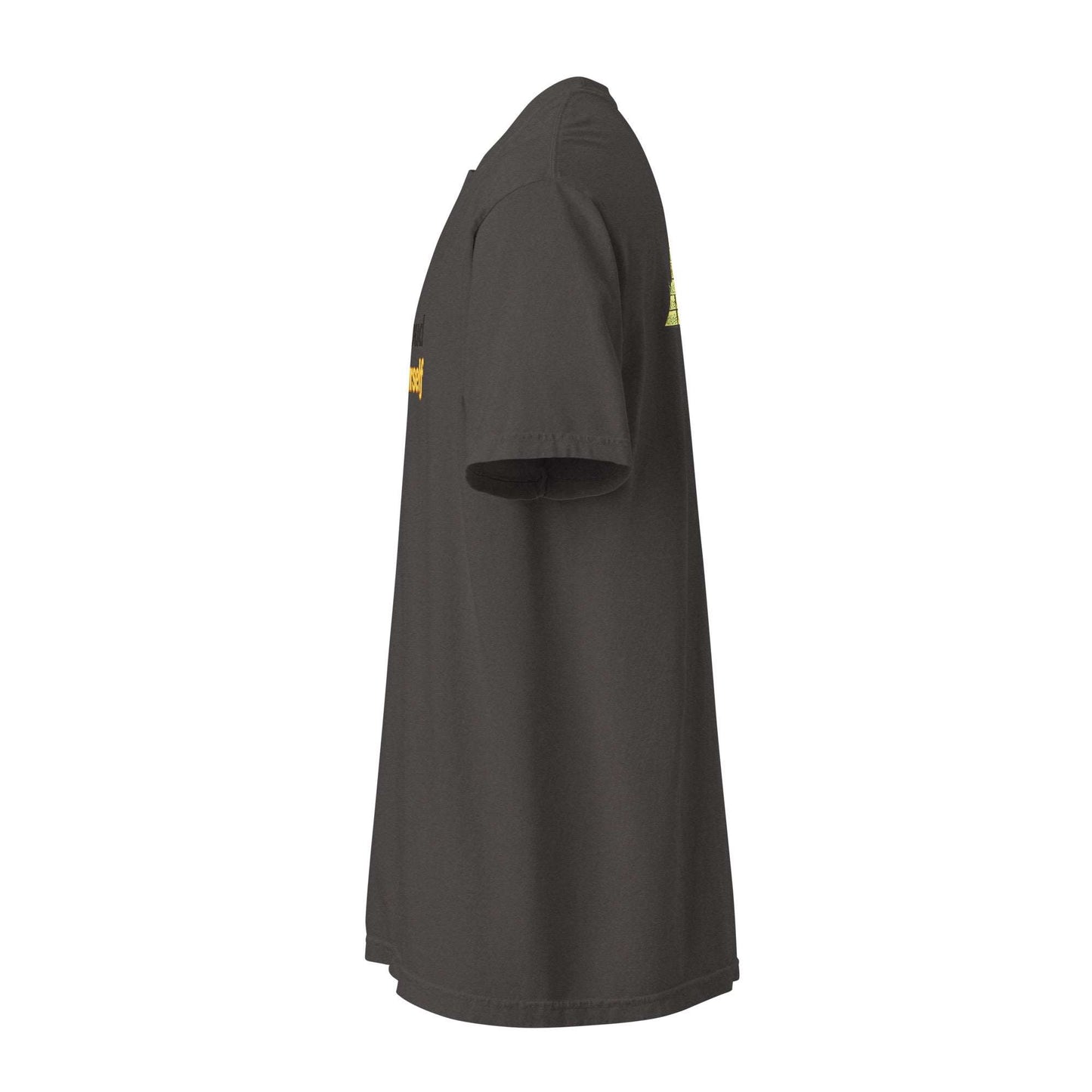 Side view of Be Proud Norfolk heavyweight cotton unisex t-shirt with Virginia HBCU inspired design