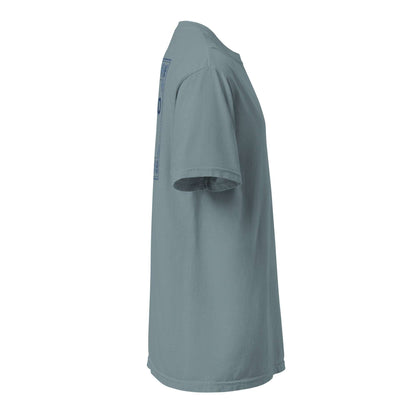 Side view of a blue Fresno x Punjabi Pattern Tee featuring modern English and Punjabi script with a traditional Punjabi-inspired geometric and floral border design