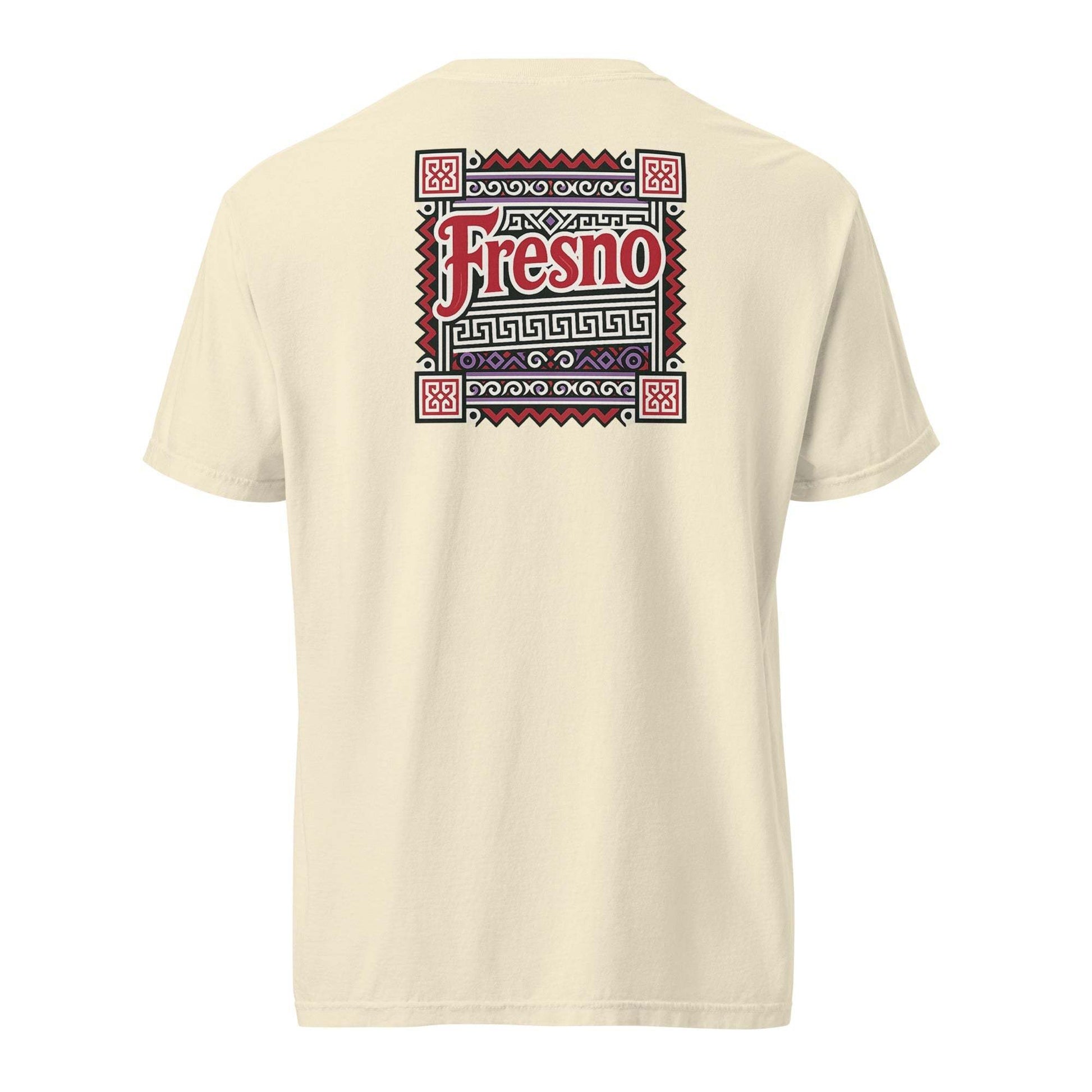 Beige Fresno Hmong Tribute Tee with traditional Hmong pattern and Fresno text on the back, unisex fit.