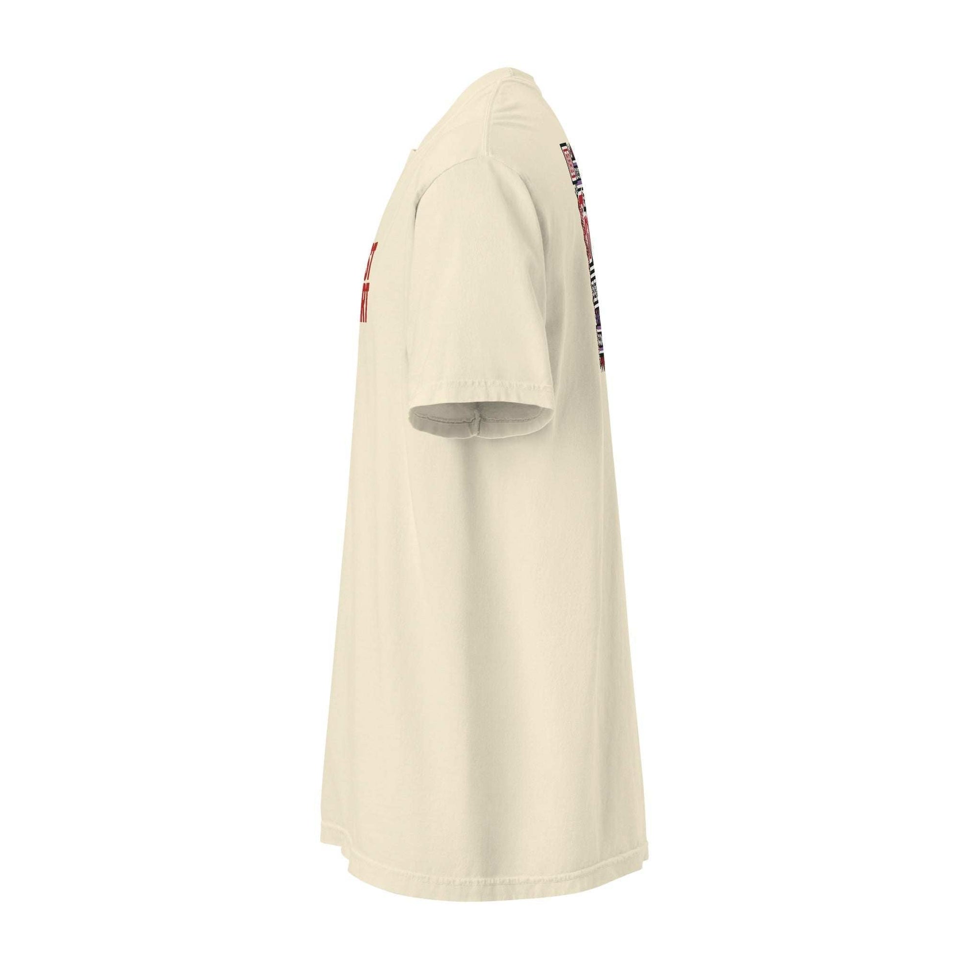 Side view of beige Fresno Hmong Tribute Tee with traditional Hmong textile patterns and unisex fit