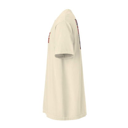 Side view of beige Fresno Hmong Tribute Tee with traditional Hmong textile patterns and unisex fit