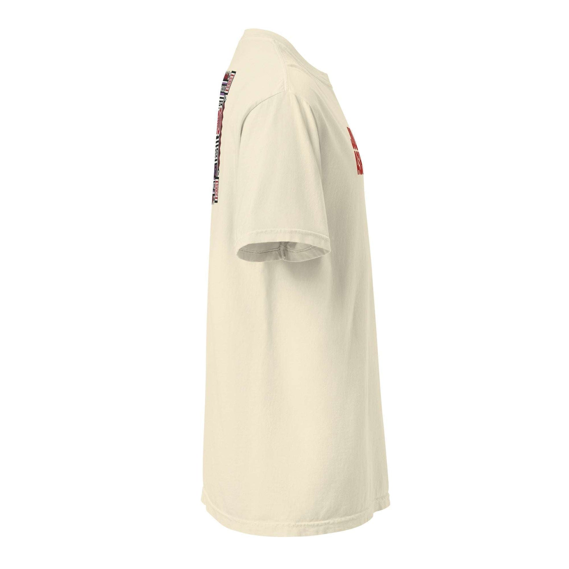 Side view of Fresno Hmong Tribute Tee with traditional textile-inspired design on cream unisex shirt