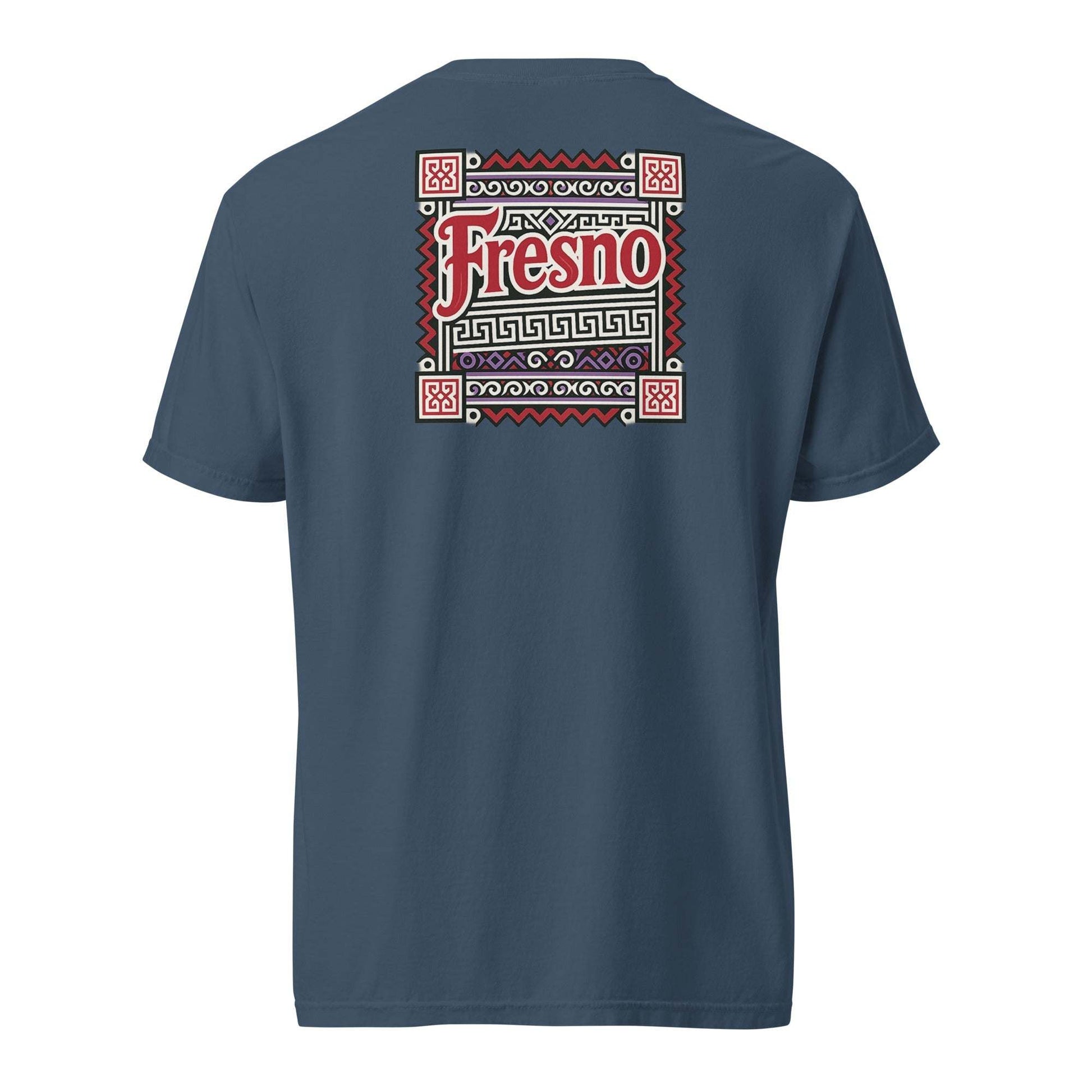 Back view of Fresno Hmong Tribute Tee with traditional Hmong textile inspired design and Fresno text on navy blue unisex shirt