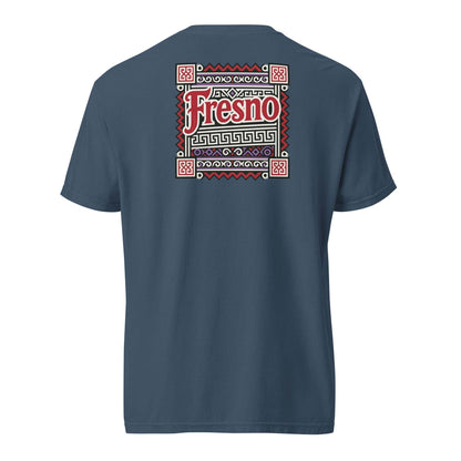 Back view of Fresno Hmong Tribute Tee with traditional Hmong textile inspired design and Fresno text on navy blue unisex shirt