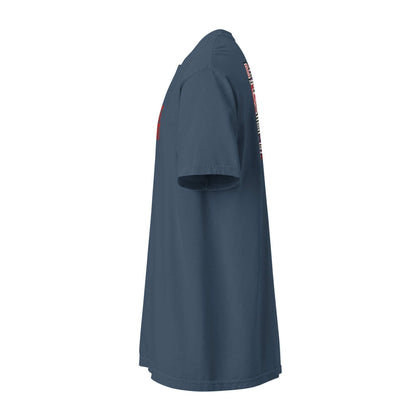 Side view of navy Fresno Hmong Tribute Tee with cultural textile-inspired design and unisex fit