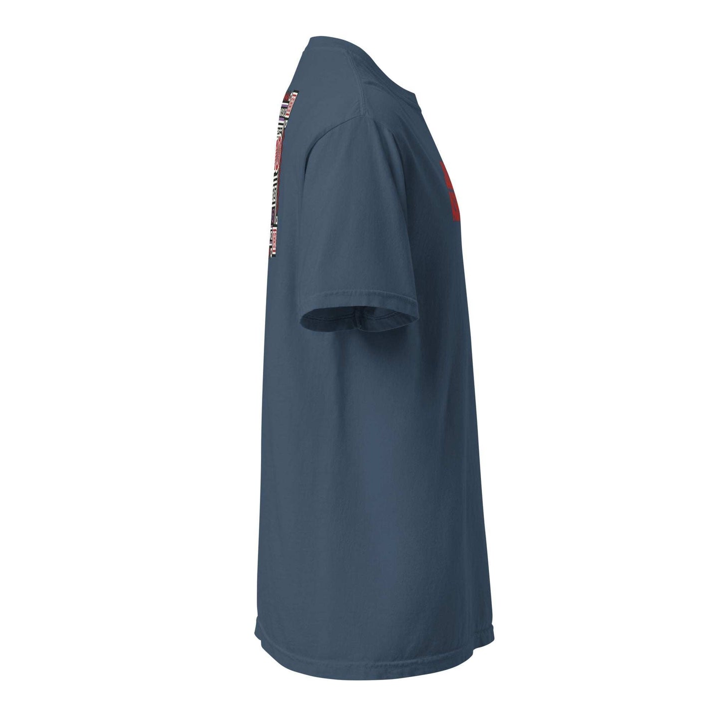 Side view of blue Fresno Hmong Tribute Tee with cultural textile-inspired design and unisex fit