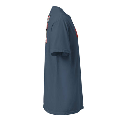 Side view of blue Fresno Hmong Tribute Tee with cultural textile-inspired design and unisex fit