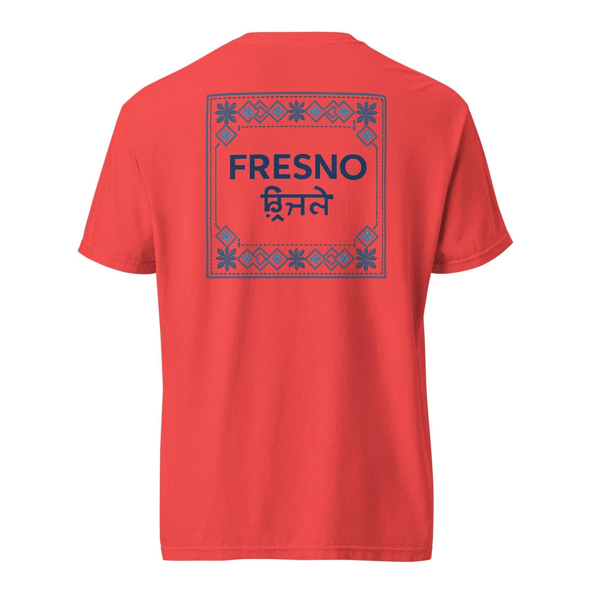 Red Fresno x Punjabi Pattern Tee with modern wordmark and traditional Punjabi-inspired border design on back