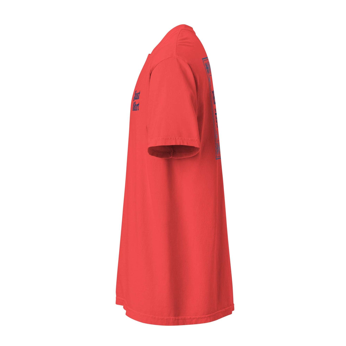 Side view of red Fresno x Punjabi Pattern Tee with traditional Punjabi-inspired design and bilingual Fresno text