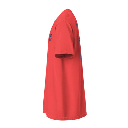 Side view of red Fresno x Punjabi Pattern Tee with traditional Punjabi-inspired design and bilingual Fresno text