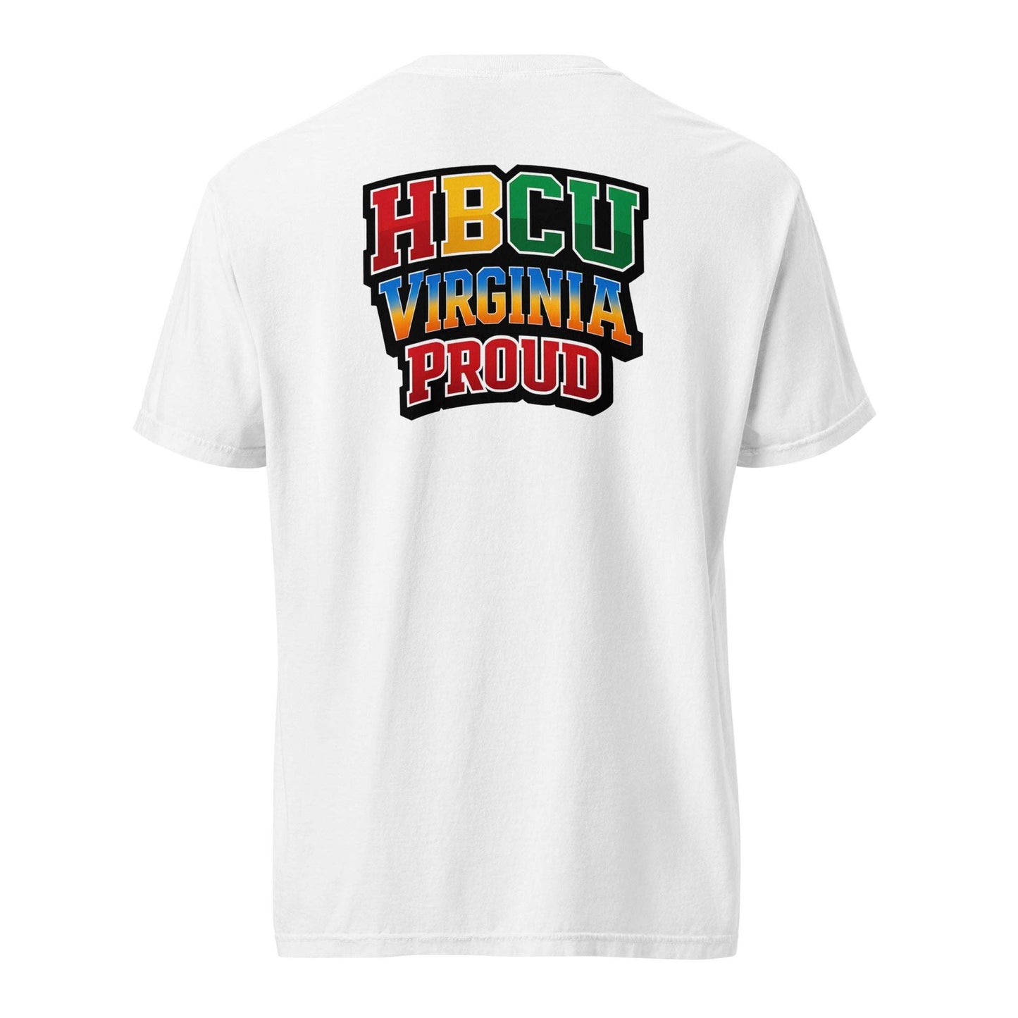 White t-shirt with colorful HBCU Virginia Proud stacked logo on back