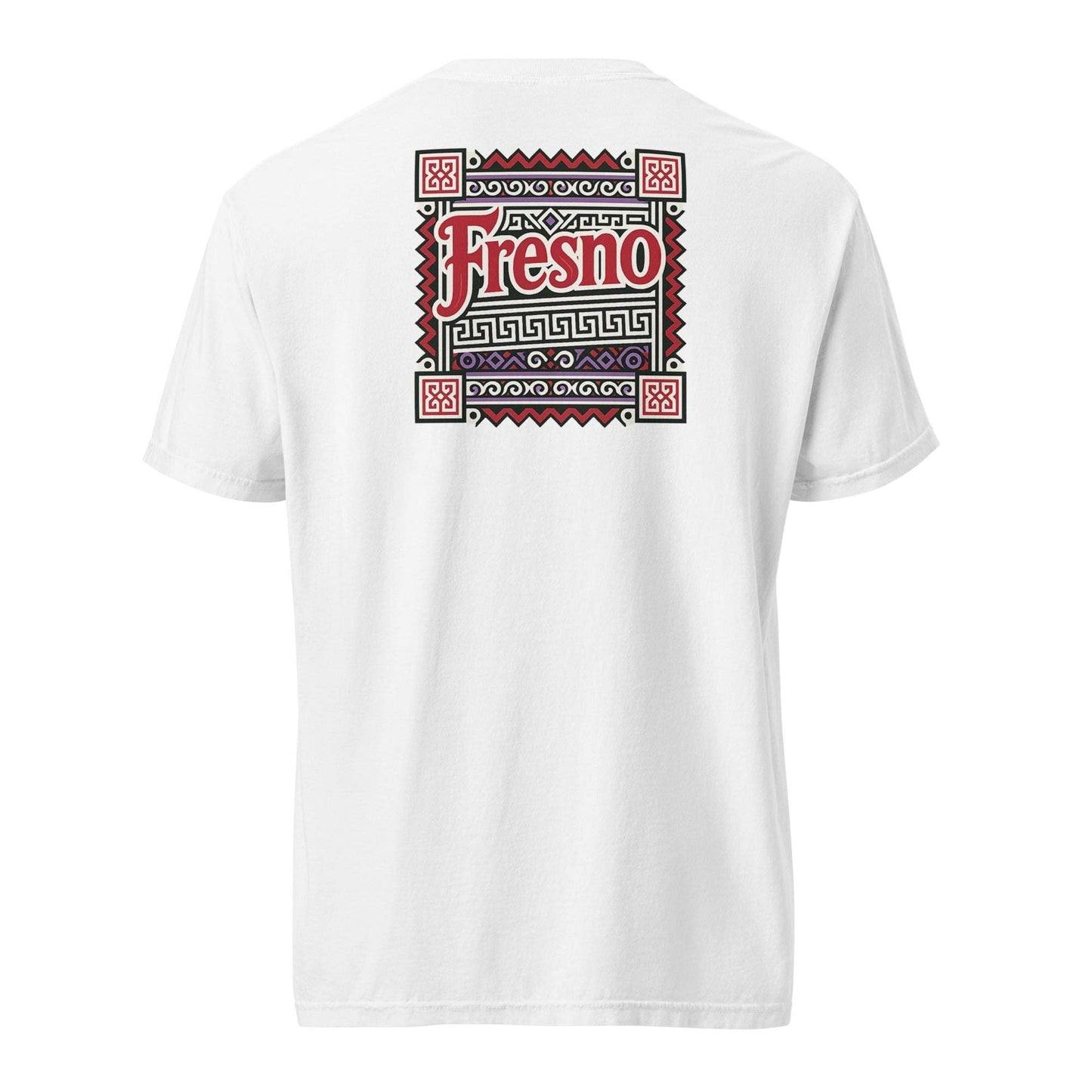 White Fresno Hmong Tribute Tee featuring traditional Hmong textile-inspired design with Fresno text on back, unisex fit, soft fabric