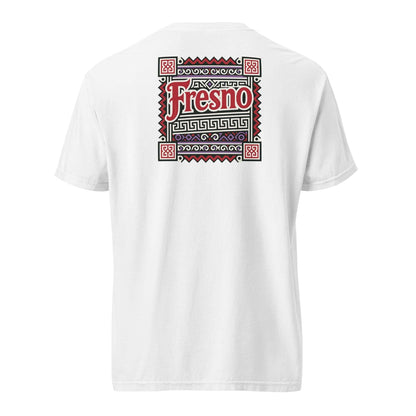 White Fresno Hmong Tribute Tee featuring traditional Hmong textile-inspired design with Fresno text on back, unisex fit, soft fabric
