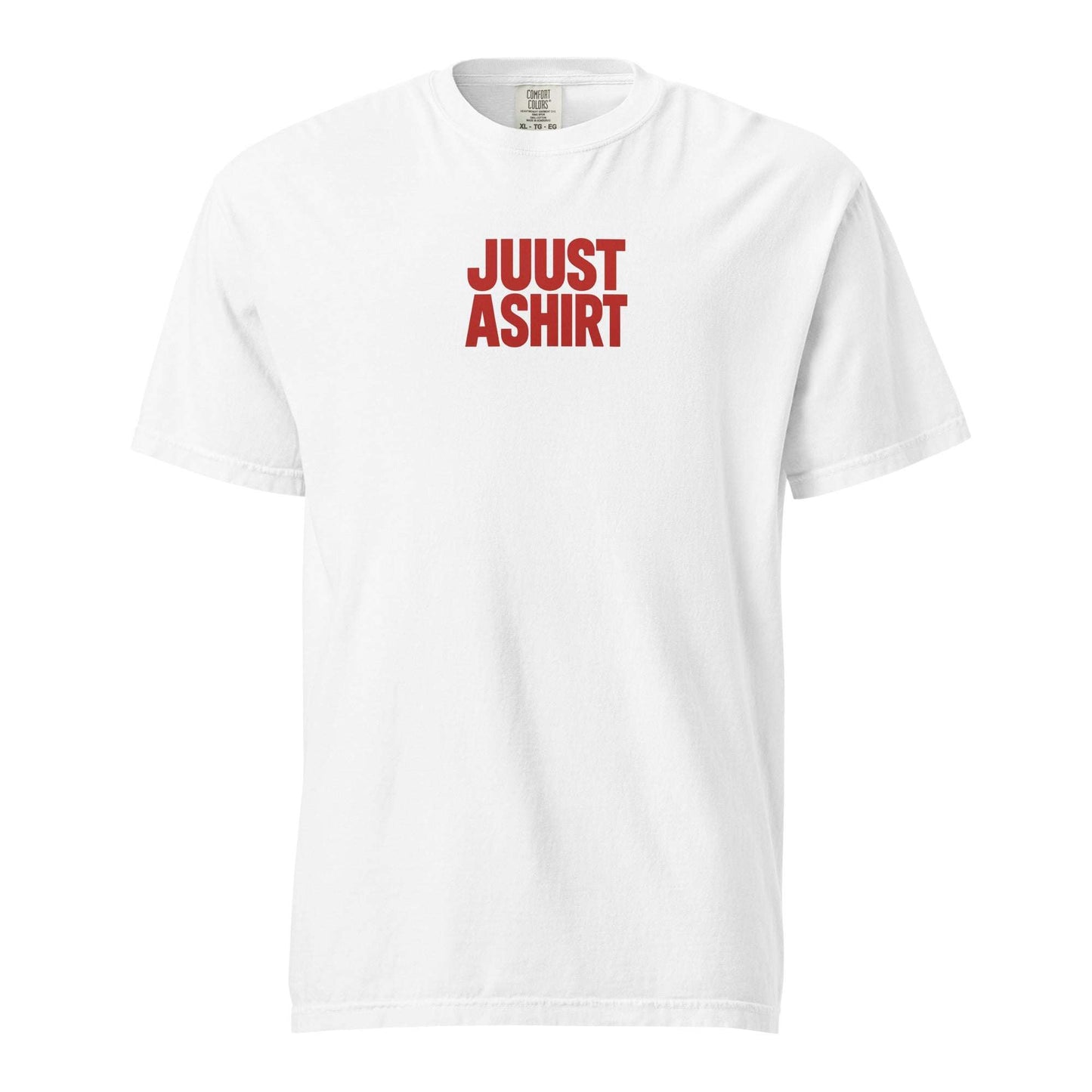 White Fresno Hmong Tribute Tee with red JuustAshirt logo, unisex fit, soft comfortable fabric celebrating Fresno's Hmong heritage