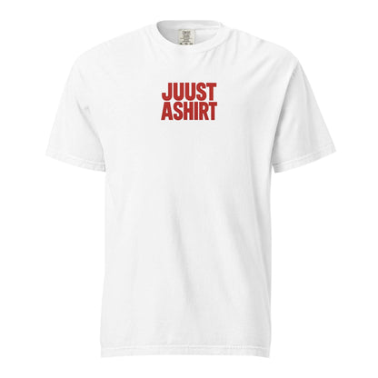 White Fresno Hmong Tribute Tee with red JuustAshirt logo, unisex fit, soft comfortable fabric celebrating Fresno's Hmong heritage