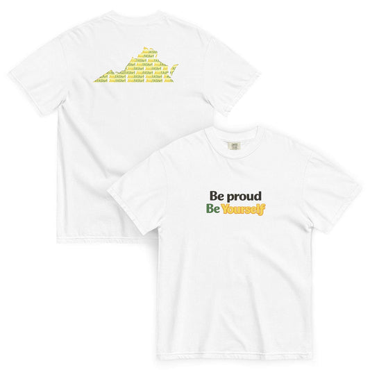 White heavyweight cotton Be Proud Norfolk t-shirt with "Be proud Be Yourself" text on front and Virginia map with HBCU names on back.