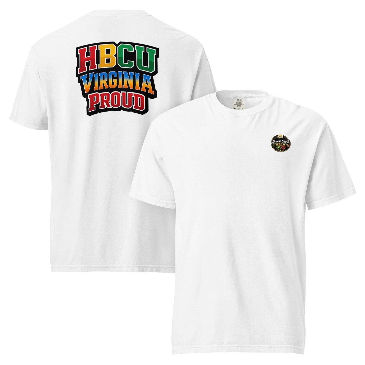 White HBCU Virginia Proud stacked logo t-shirt with colorful collegiate-style lettering on back and small emblem on front