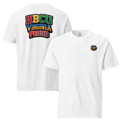 White HBCU Virginia Proud stacked logo t-shirt with colorful collegiate-style lettering on back and small emblem on front