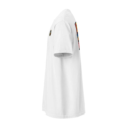 Side view of white HBCU Virginia Proud stacked logo tee with colorful collegiate lettering