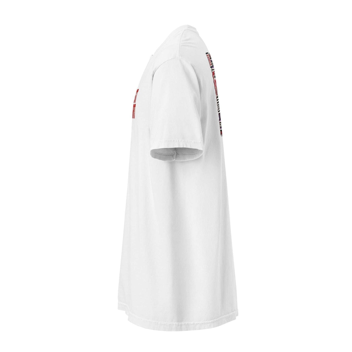 Side view of white Fresno Hmong Tribute Tee with traditional Hmong textile-inspired design and unisex fit