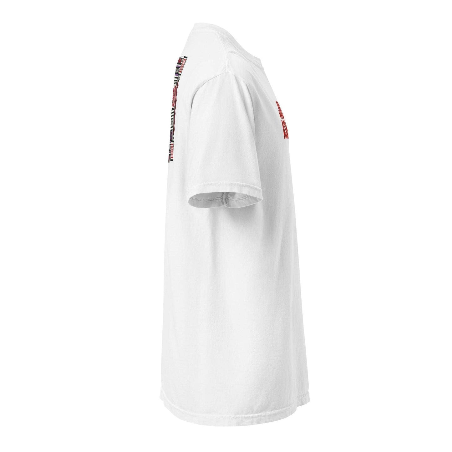 Side view of white Fresno Hmong Tribute Tee with traditional Hmong-inspired patterns and unisex fit